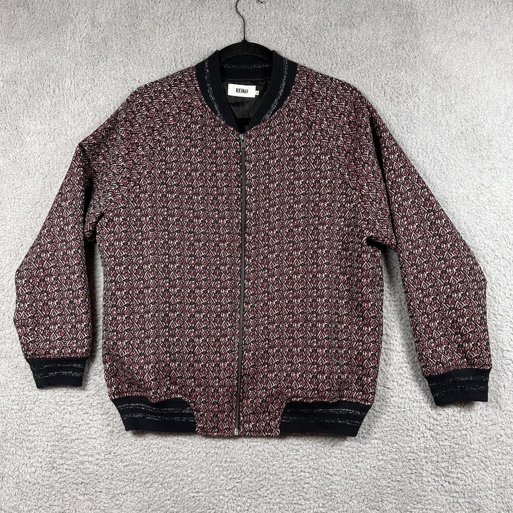 Reiko Jacket Womens Medium Black Red BARNEY Full Zip Retro Pattern Lined